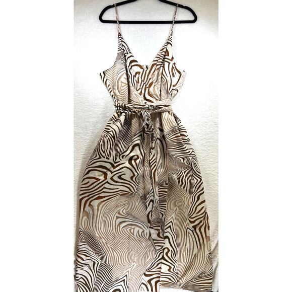 Reiss Brown Tan Animal Print Linen Blend Faux Wrap Belted Rosie Midi Dress Sz 14 - Picture 1 of 14